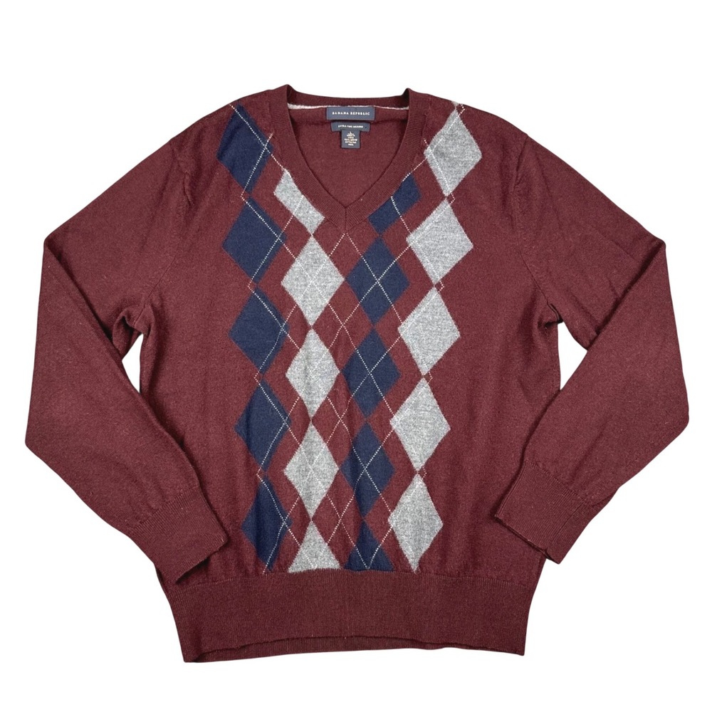 Banana Republic Sweater Mens L Burgundy Argyle Extra Fine Merino Wool V-Neck